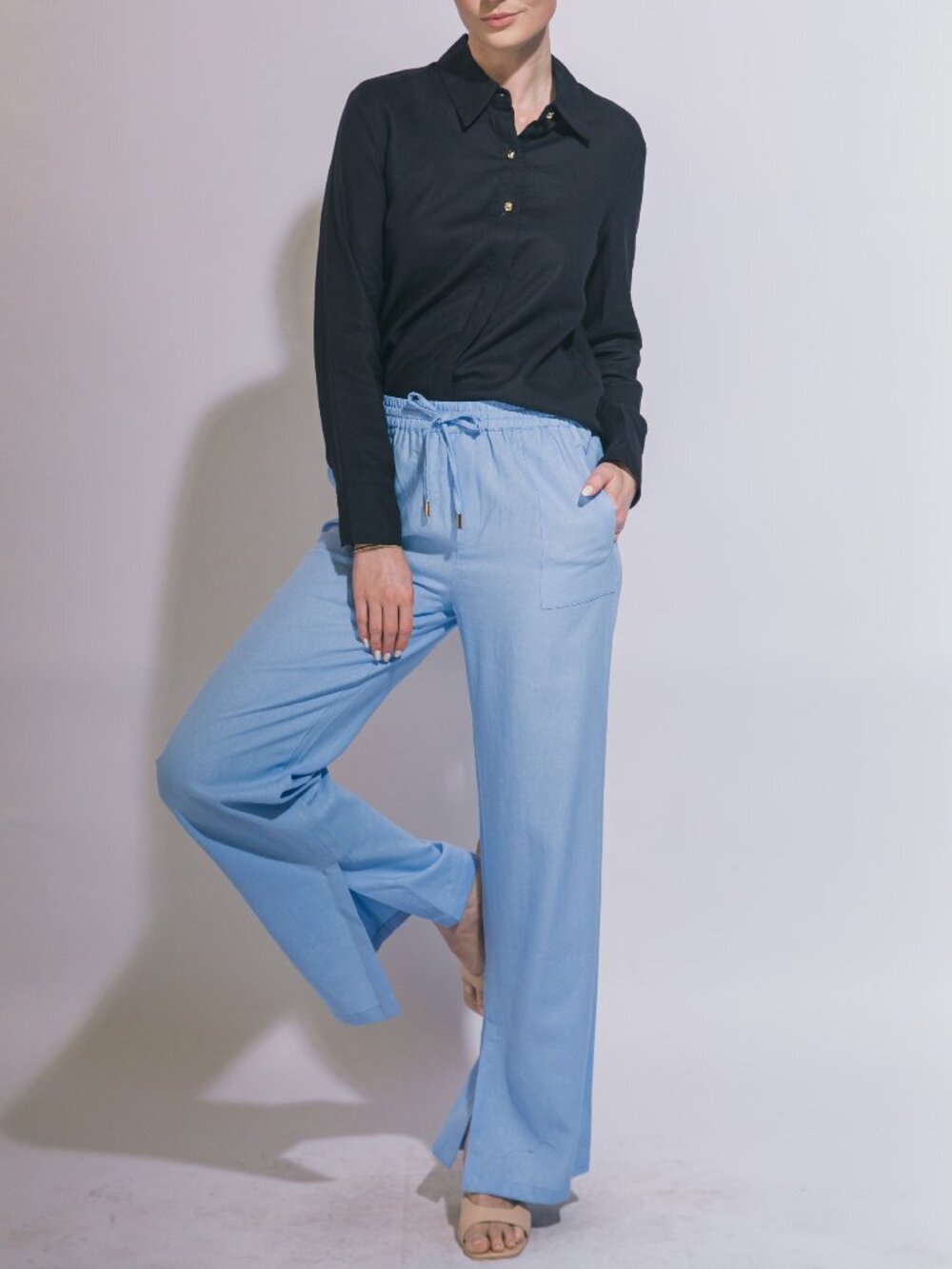 NWT Classic Soft Blue Linen Blend Elastic Band Straight Leg Pants with Hem Slit